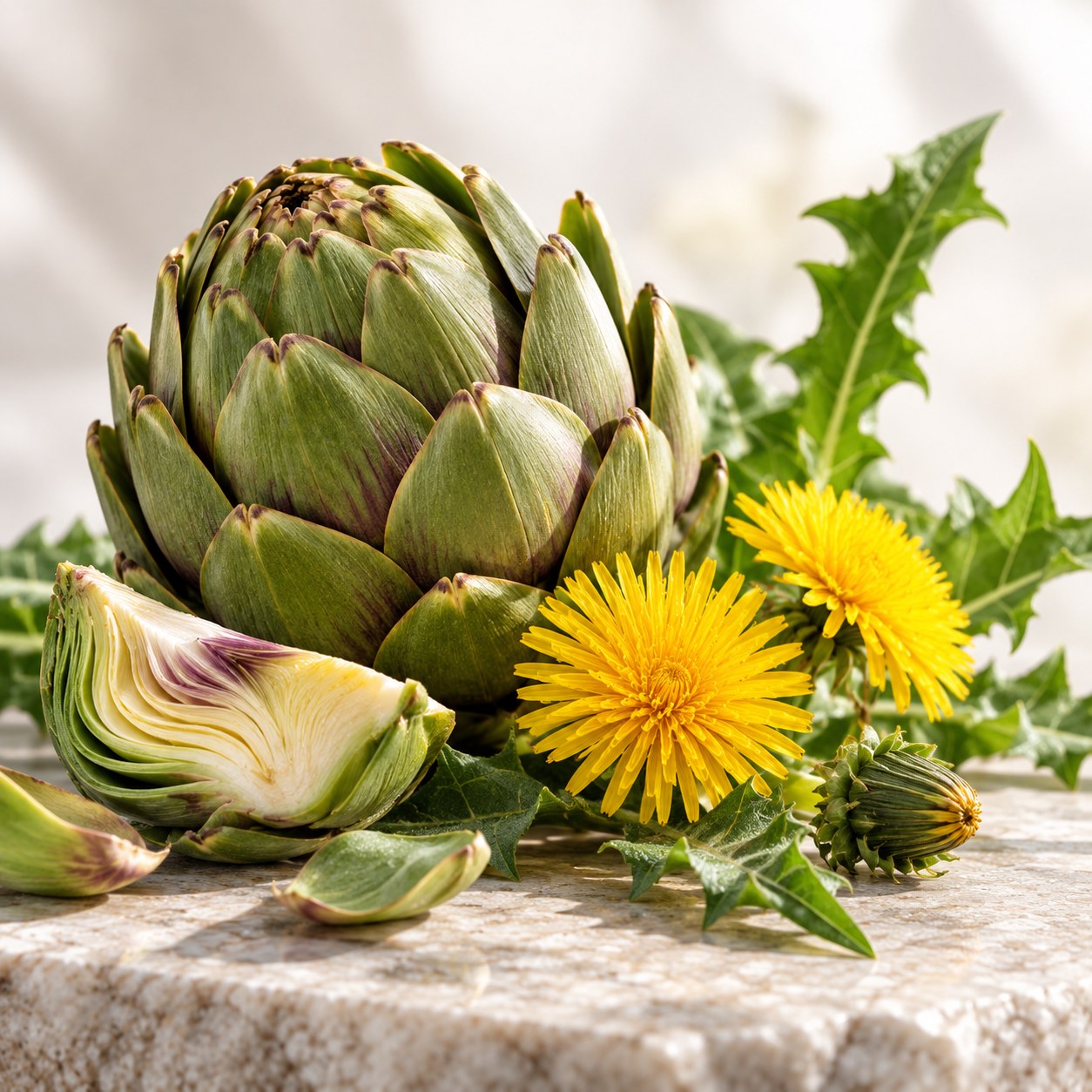 Artichoke halves, dandelions and leaves
