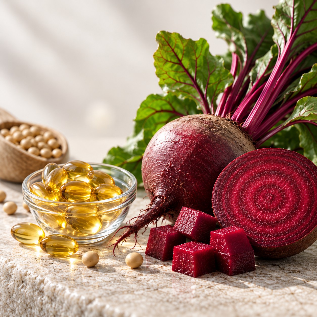 Whole and sliced beetroot with capsules and seeds
