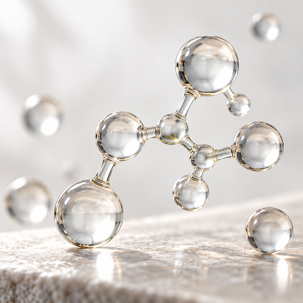 Glass molecule with gold rims on a marble slab