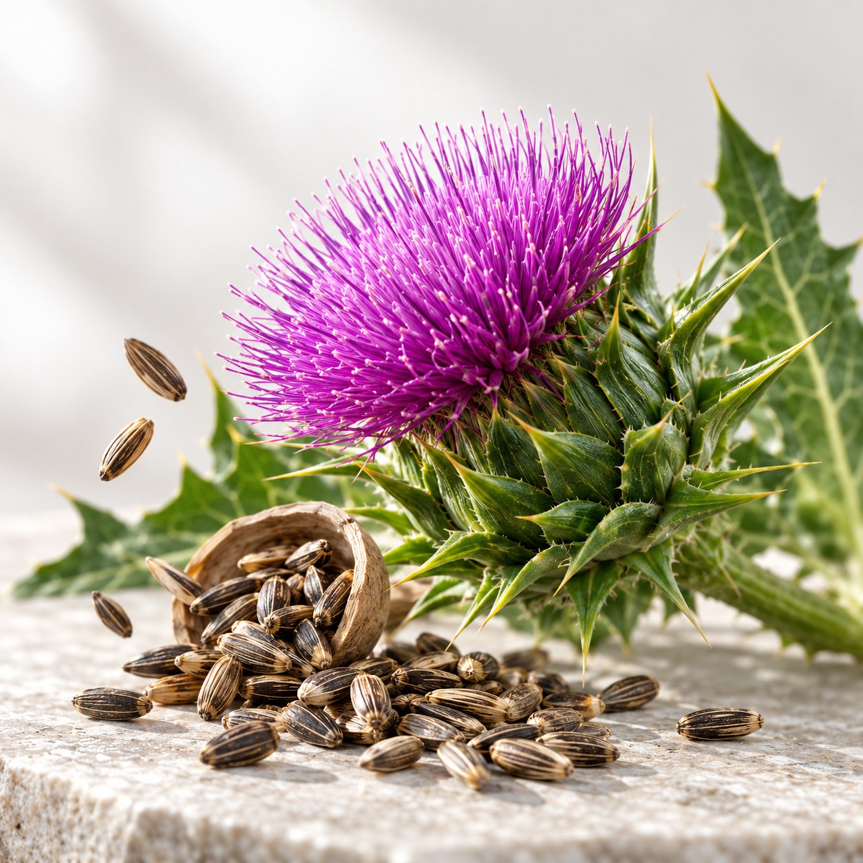 Purple milk thistle flower and scattered seeds
