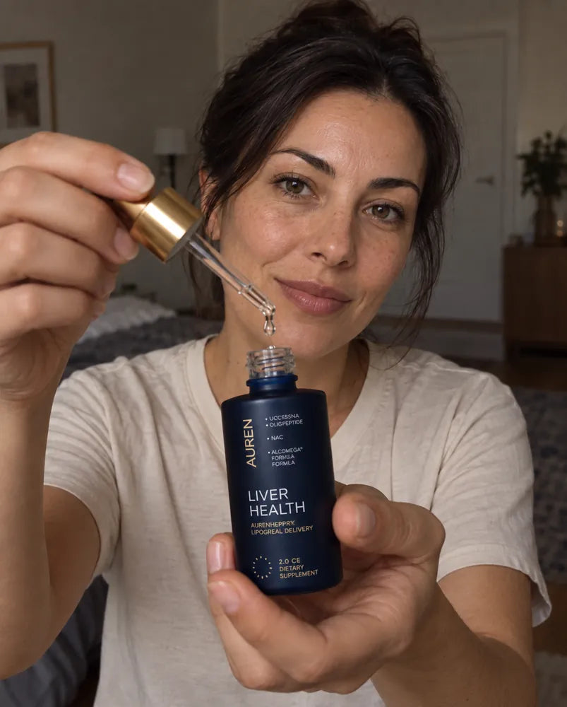 Woman with dark hair holding the AUREN bottle and dropper