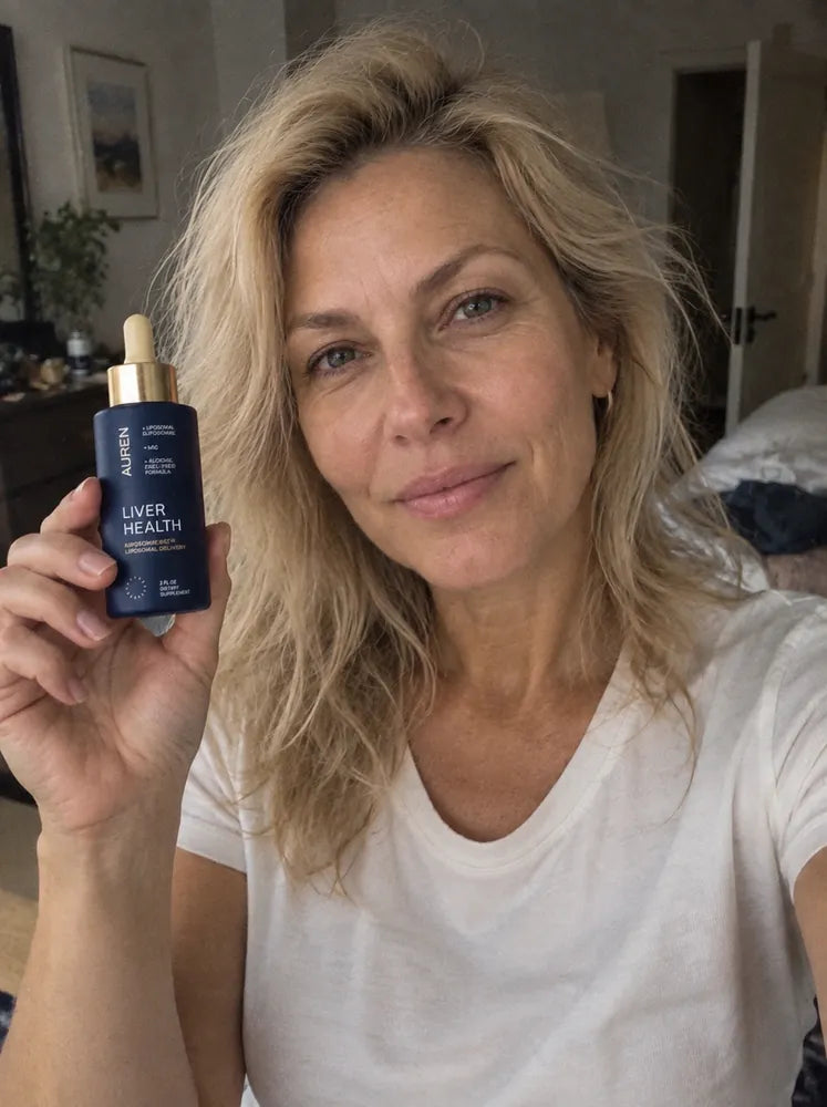 Blonde woman holding the AUREN bottle