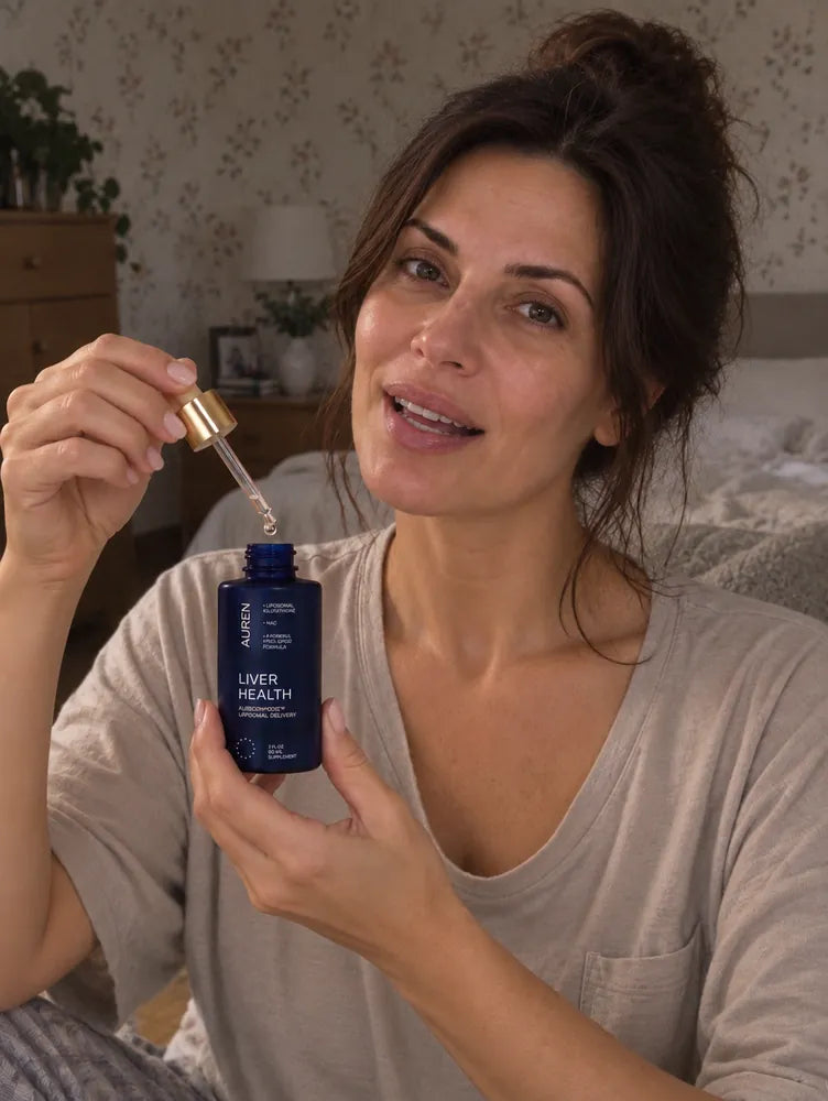 Woman taking AUREN drops at home