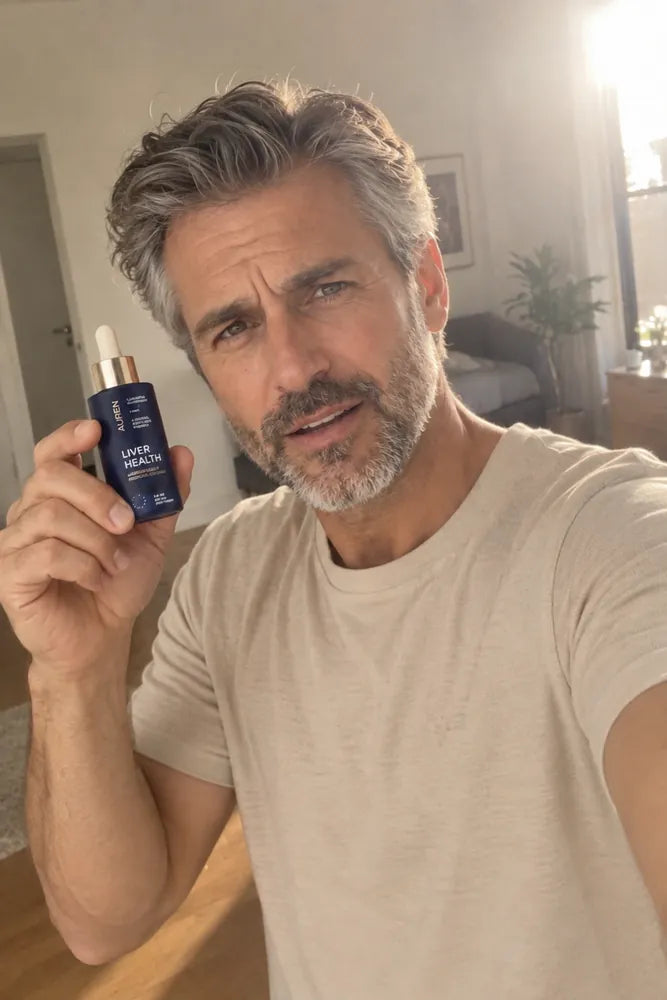 Grey-haired man holding the AUREN bottle