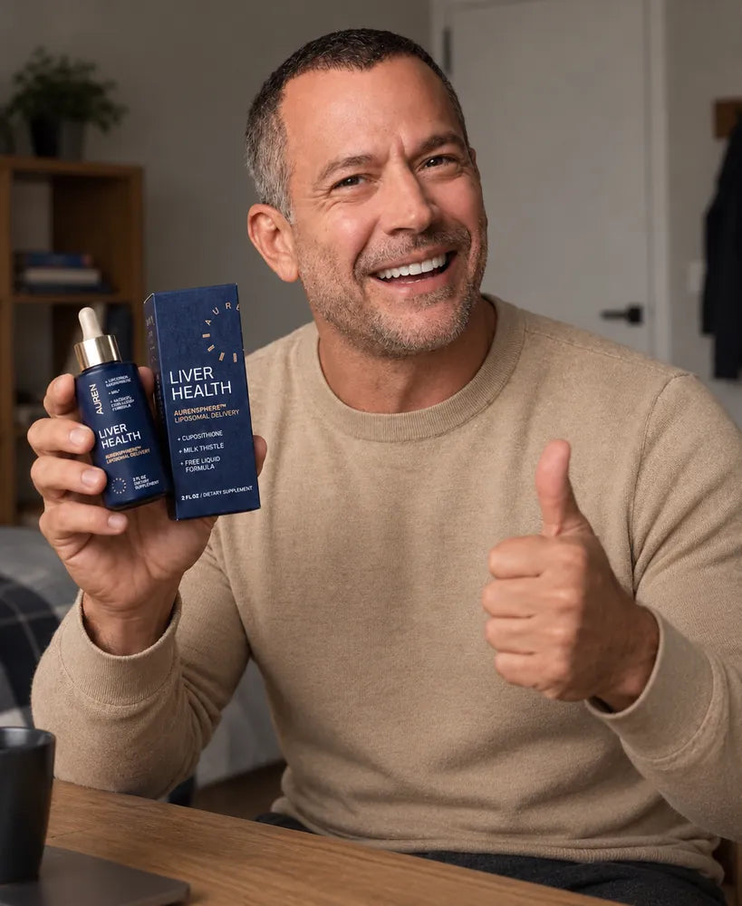 Smiling man with two AUREN bottles giving a thumbs up